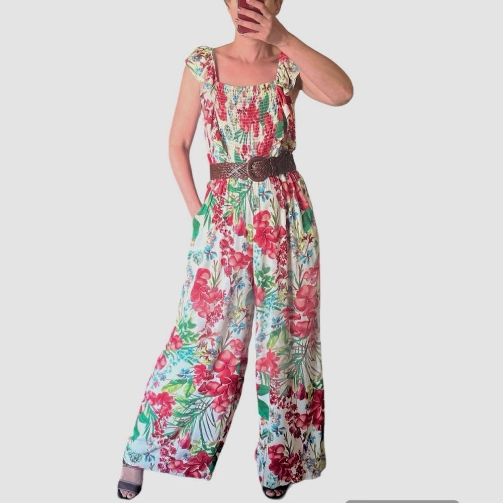 Buffalo David Bitton Beatrix Ruffle Front Wide Leg Jumpsuit Plumeria size Medium